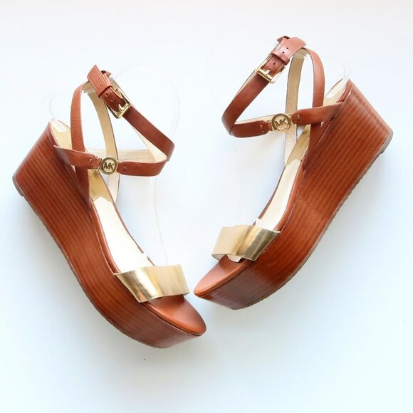 Michael Kors Brown & Gold Platform Wedge Strappy Open Toe Sandals / Summer Shoes - Picture 15 of 16